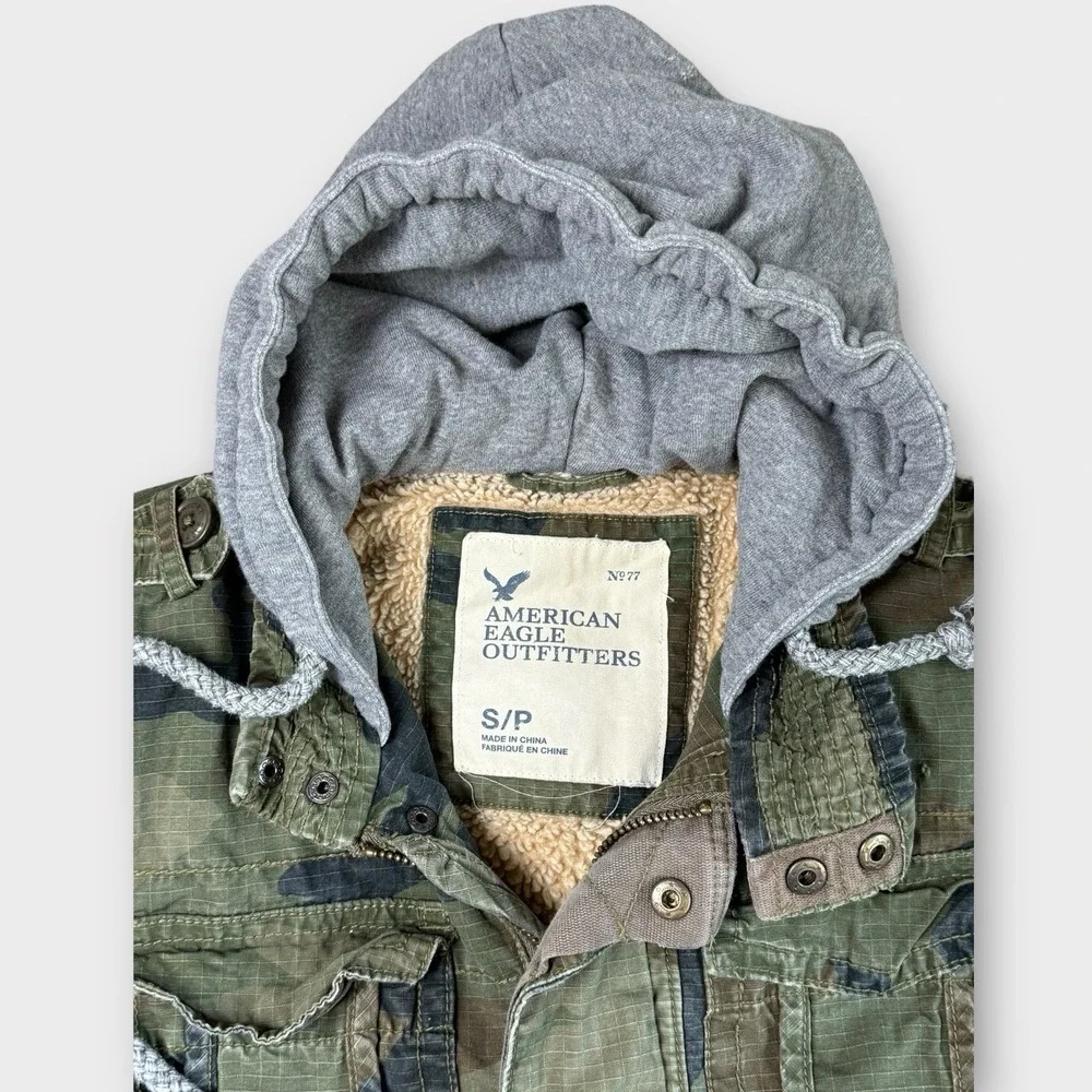 American Eagle Mens Camo Field Jacket Sherpa Lined Hooded Military Utility Small